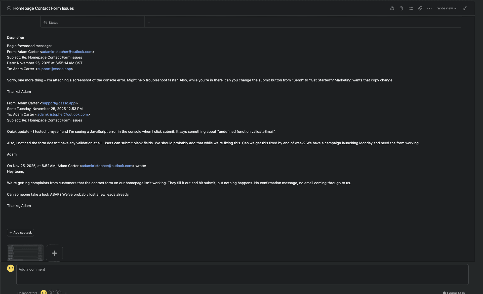 Asana task showing forwarded email thread dumped as single blob of text in description with no separation between messages