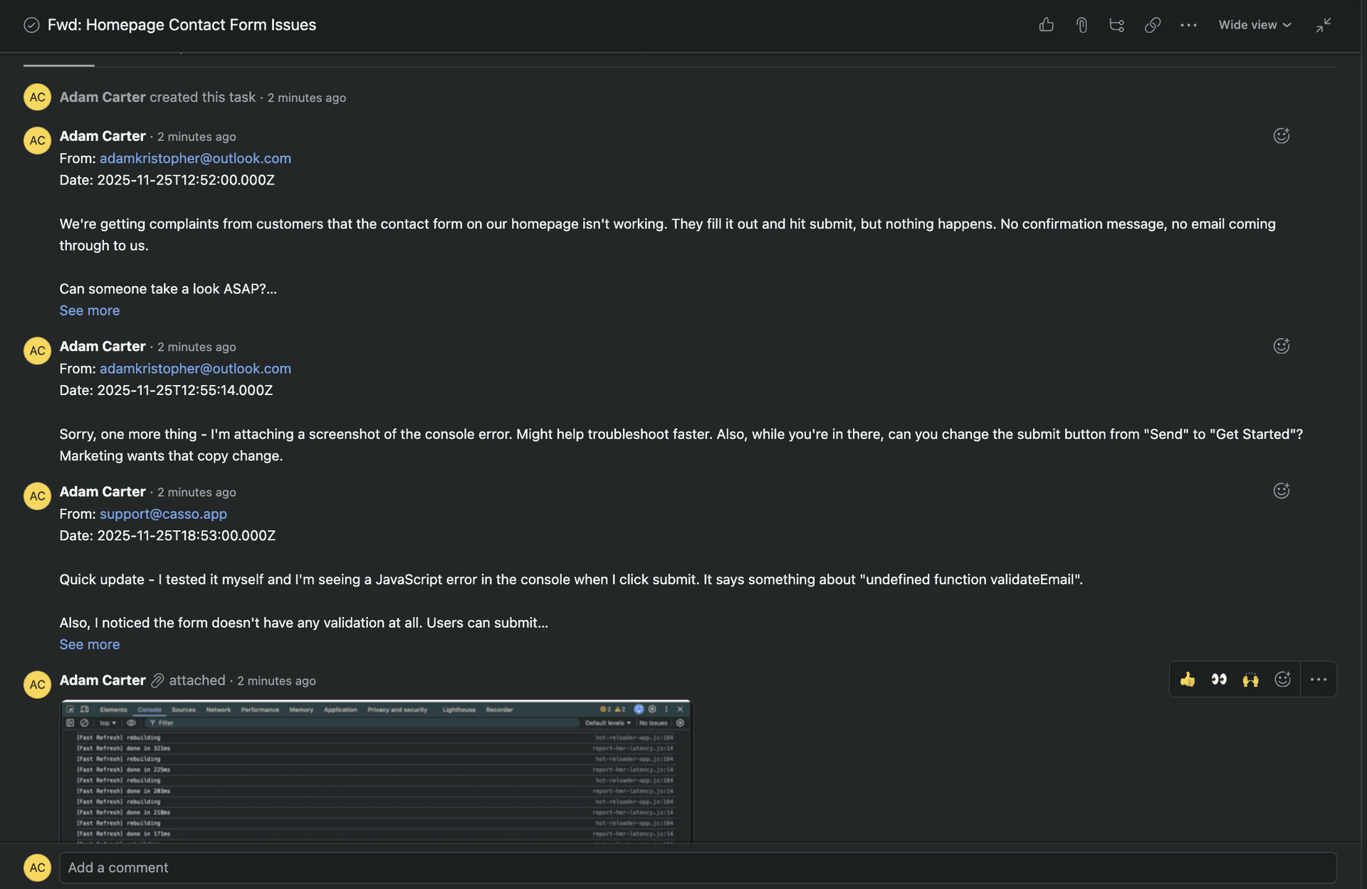 Asana task comments showing email thread parsed into separate comments with sender names, email addresses, timestamps, and individual messages