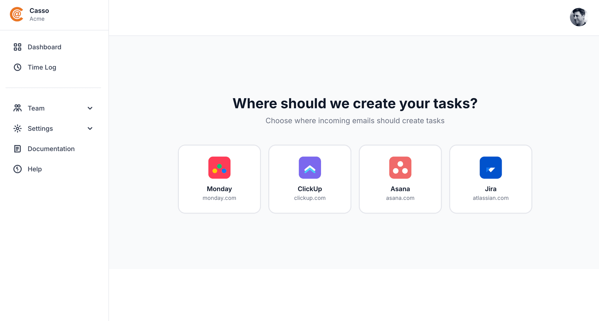 Casso onboarding - select ClickUp