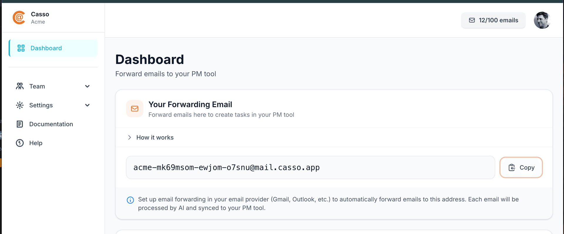Casso dashboard showing the forwarding email address