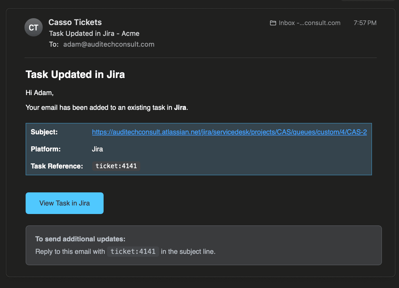 Casso confirmation email with Jira ticket link