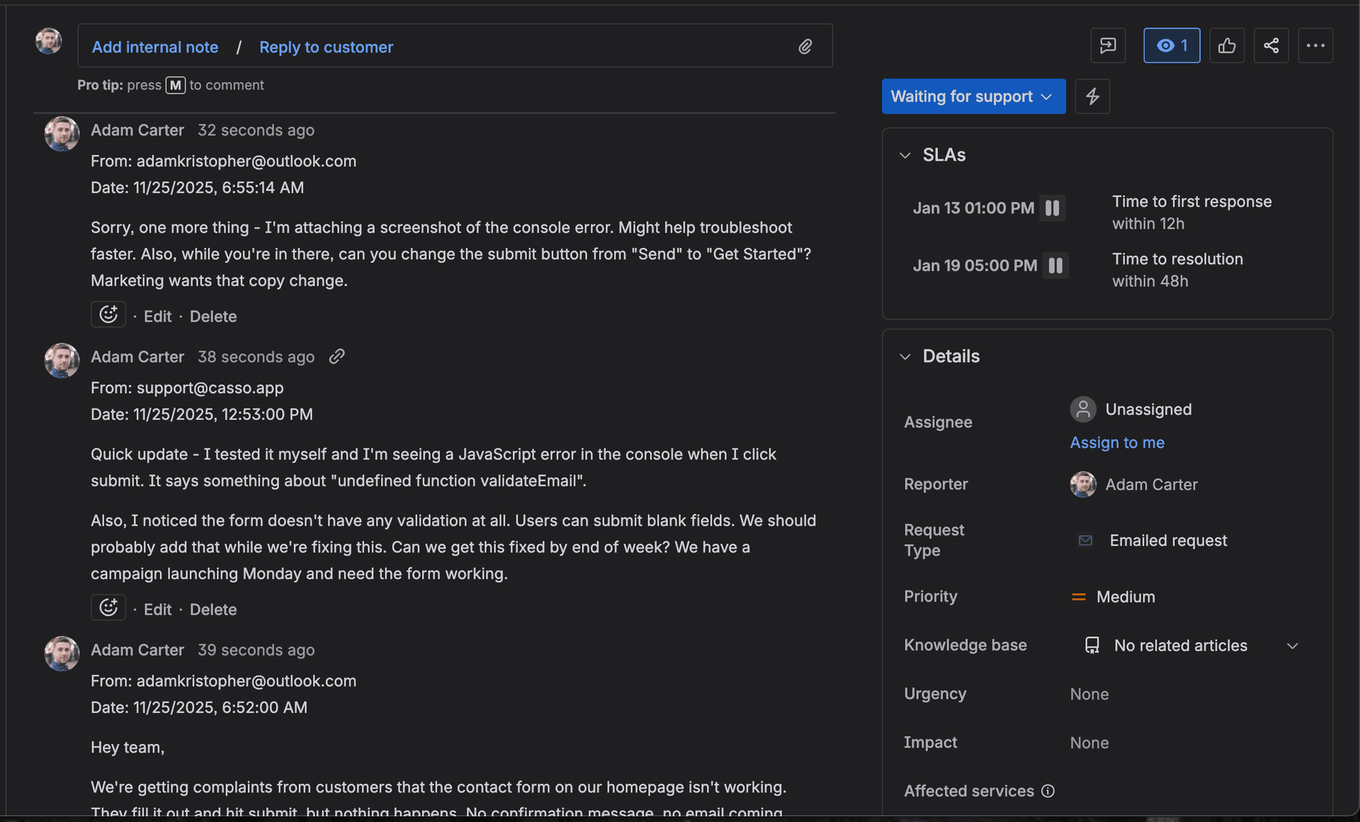 Jira task with email thread parsed into separate comments by Casso