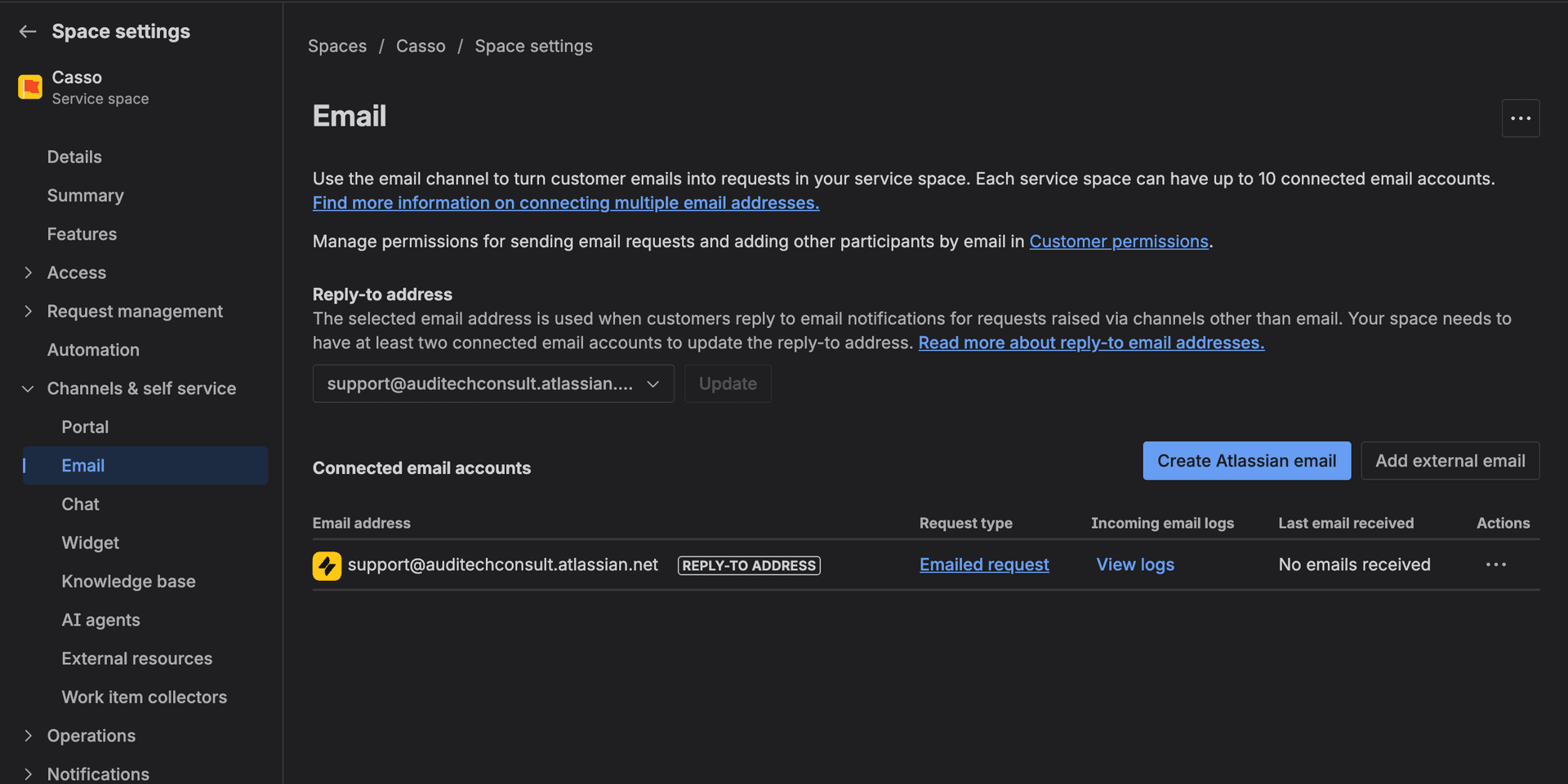 Jira Service Management email channel configuration screen