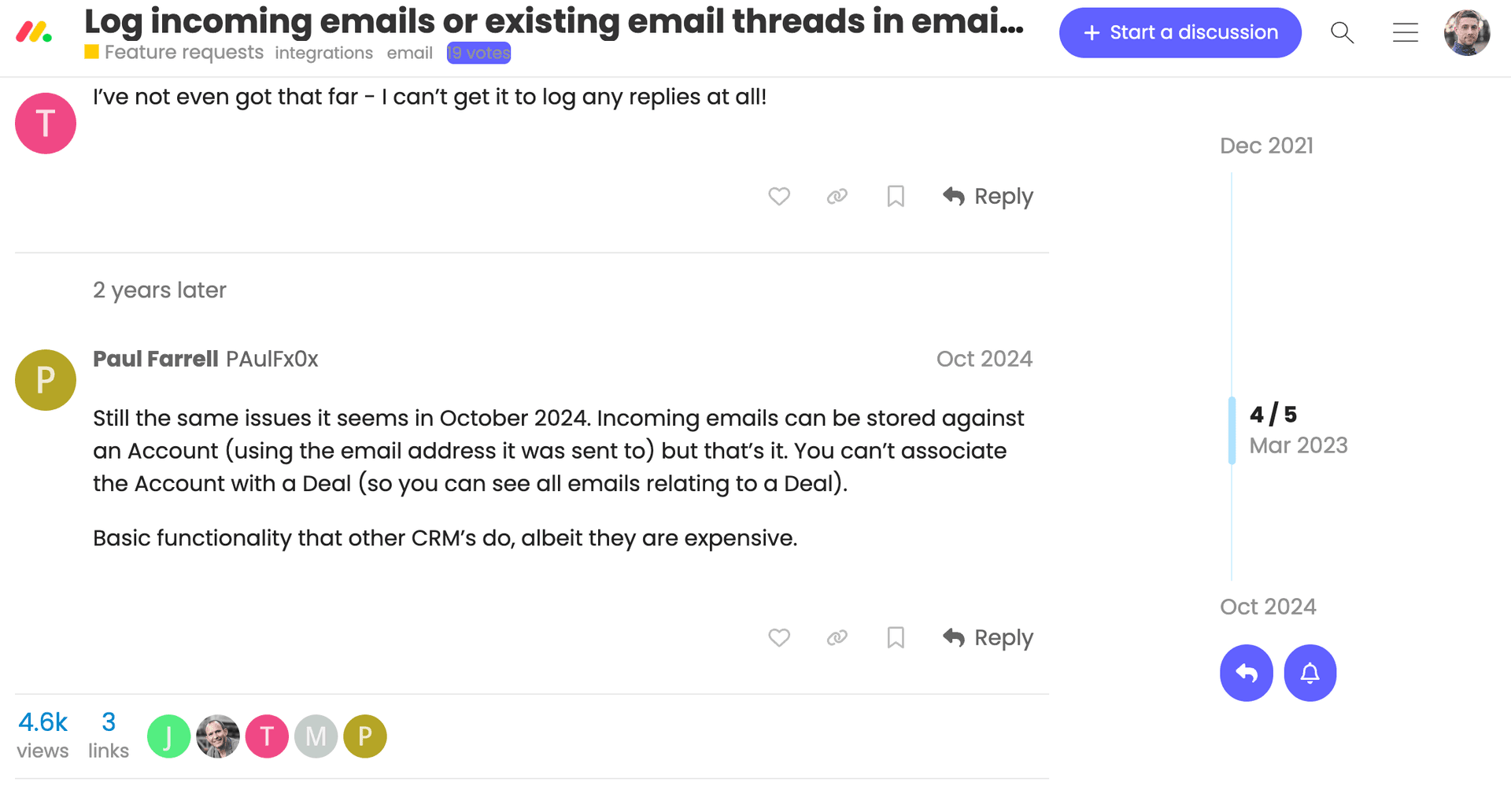 Monday.com forum thread requesting ability to log incoming emails to existing items